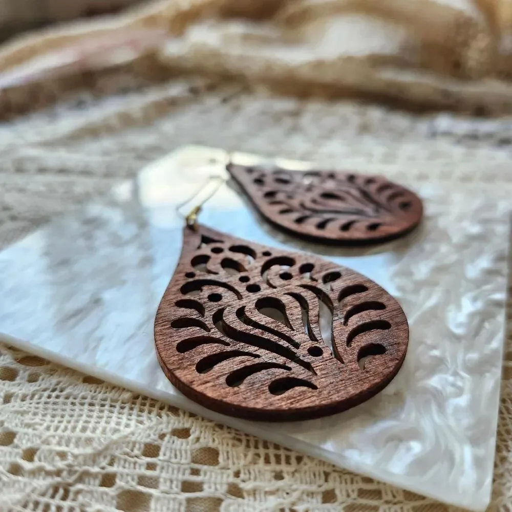 Wood Teardrop Earrings S925 Hooks Whimsy Boho Folk Art Western